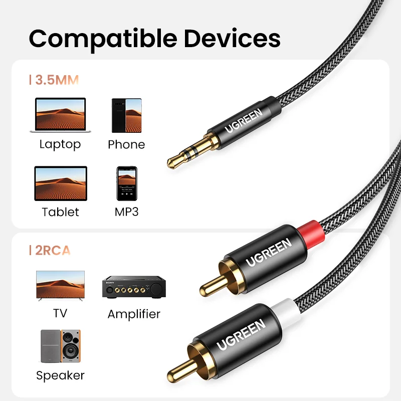 UGREEN 3 5 мм до 2RCA кабель USB с нейлоновой оплеткой аудио дополнительный адаптер