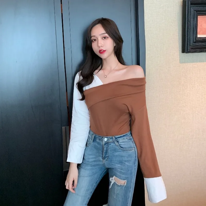 

fashion brand off shoulder Women's Clothing skew collar tops new spring autumn Korean style patchwork t-shirts sexy long sleeve