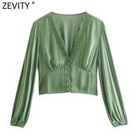 zevity new women fashion lace patchwork v neck solid stin short smock blouses lady chic long sleeve slim shirts crop tops ls9740