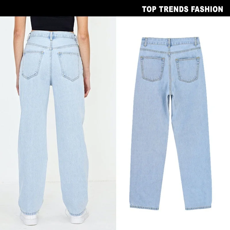 

European and American Women's High-waisted Casual Loose Wide-leg Women's Jeans Straight Leg Lengthened Slim Trousers