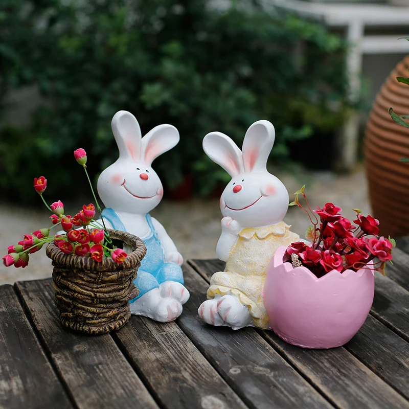 Садовая смола милый животный кролик цветочный горшок украшения для двора парка