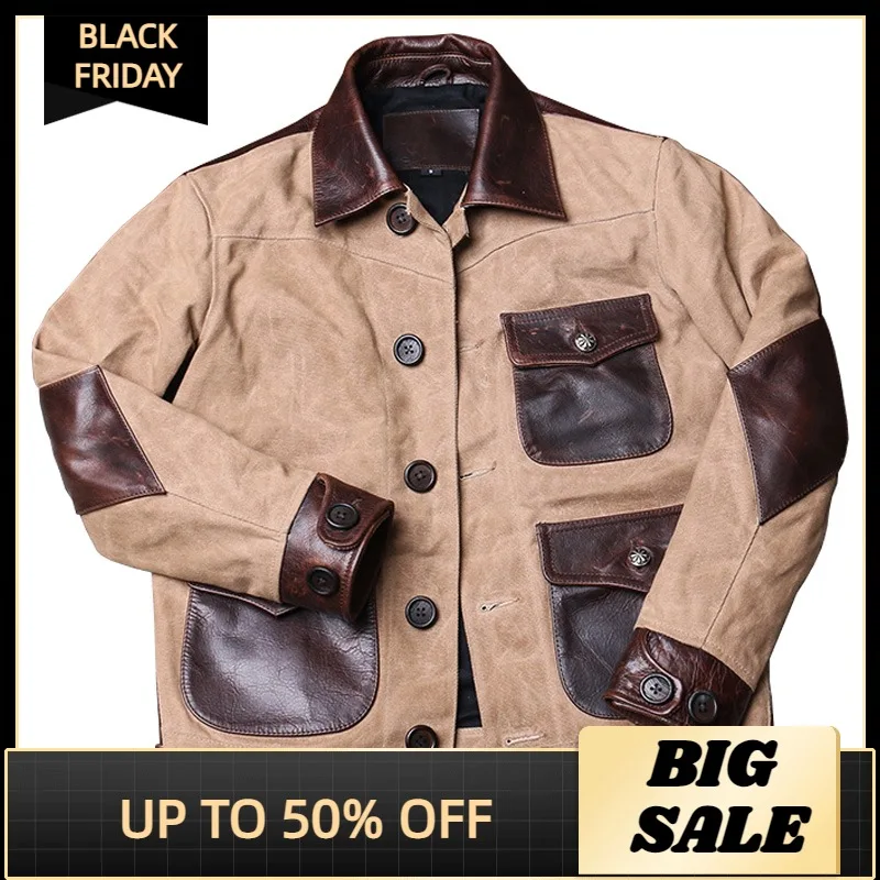 

2021 Light Brown Genuine Leather Jacket Men Casual Style Single Breasted Plus Size 5XL Real Natural Cowhide Autumn Spliced Coat