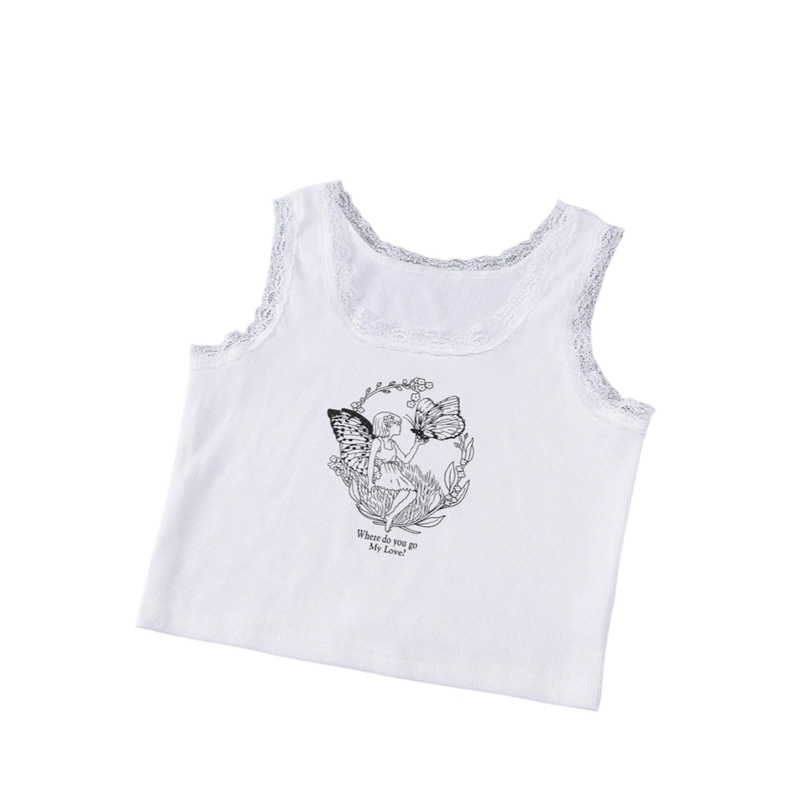 

Women's Vest, Lace Hem Crop Tops Cartoon Pattern Printed Sleeveless Camisole for Female