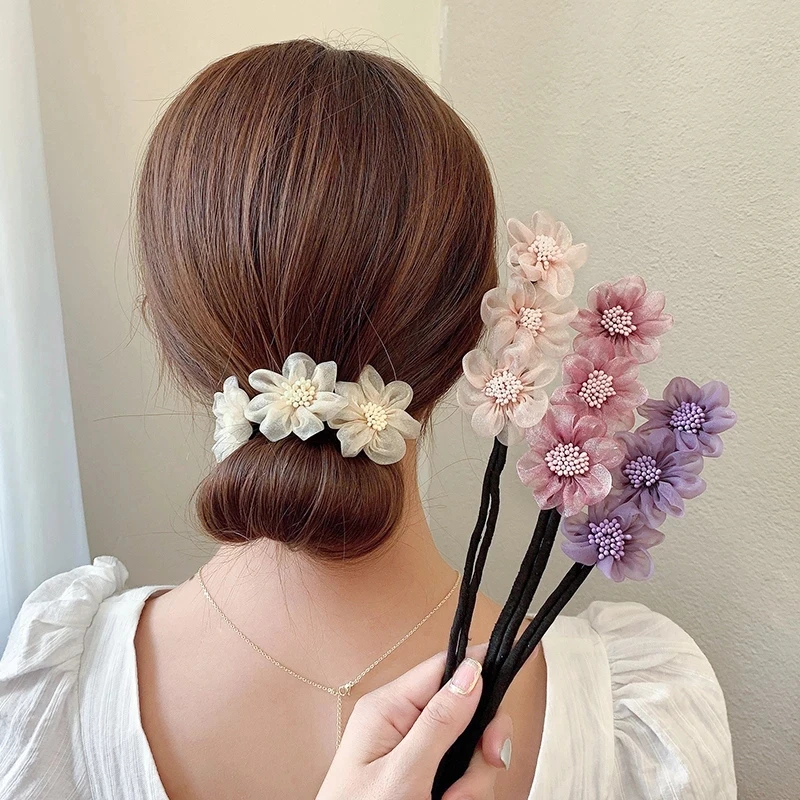 

Fashion Organza Flower DIY Hairstyle Tool Bud Scrunchies Updo Donuts Twist Hair Style Tools Bun Band for Women Hair Accessories