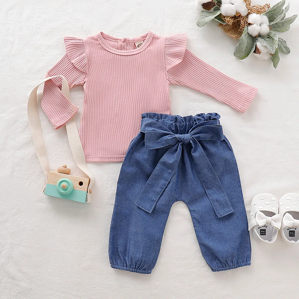 2019 осенний комплект одежды для новорожденных девочек однотонные топы с бантом