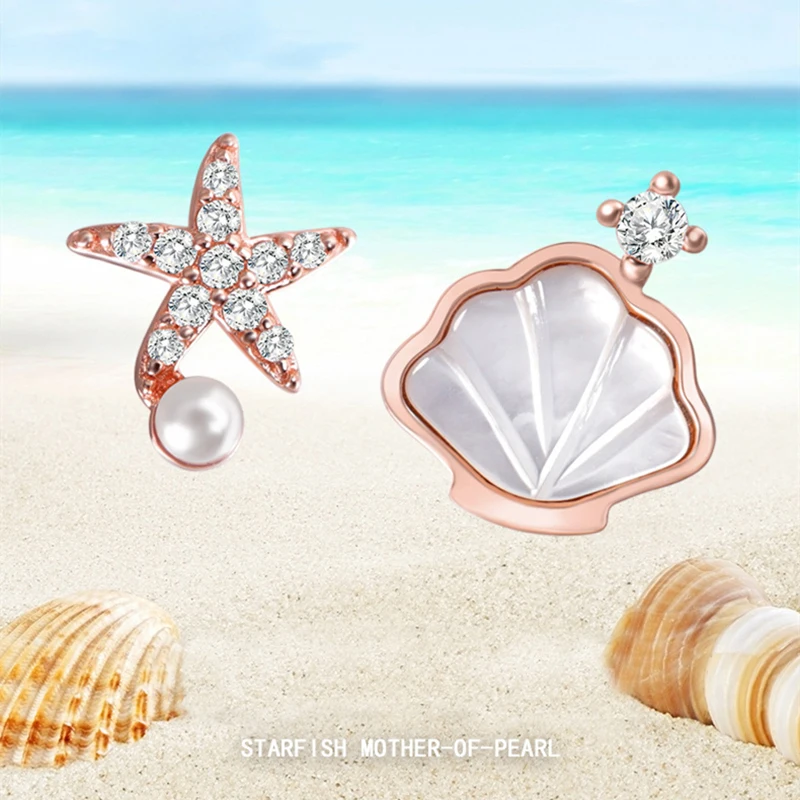 

Ms new asymmetric S925 pure silver rose gold white conch starfish earrings personality fashion jewelry