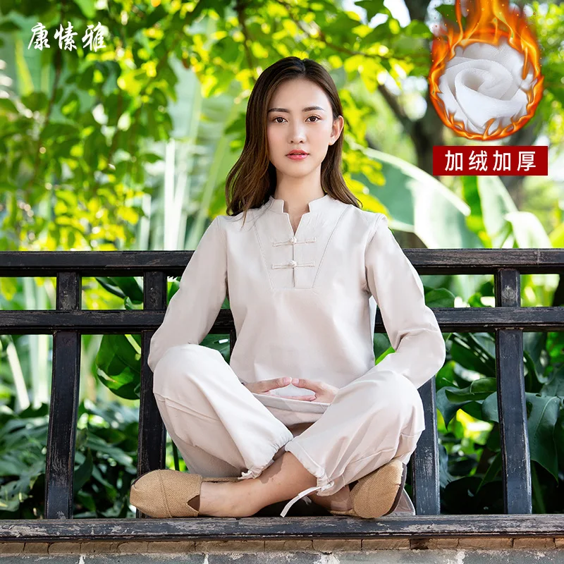 Women Tai Chi Uniforms Linen Winter Thick Fleece Warm Loose Shirt+pant Meditation Female Kungfu Martial Arts Casual Yoga Set