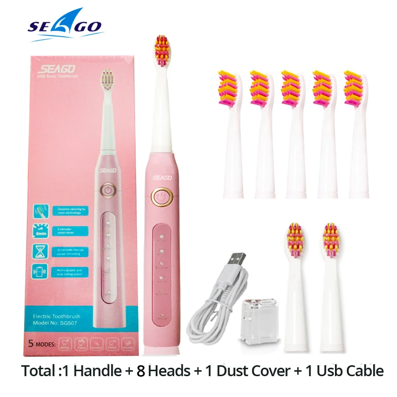 Pink Seago ультра звуковая электрическая зубная щетка sonic Wave чистая USB перезаряжаемая зубная щетка с сменными головками 1 ручка 8 головок - Цвет: Pink