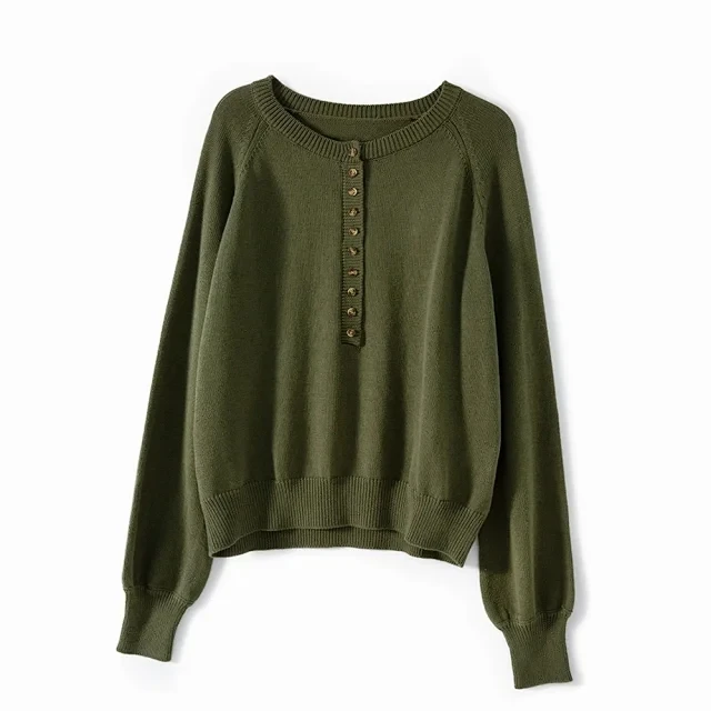 

Vintage Button Lantern Sleeve Stripe Sweater Women Loose Knitted Pullover Knitwear Top