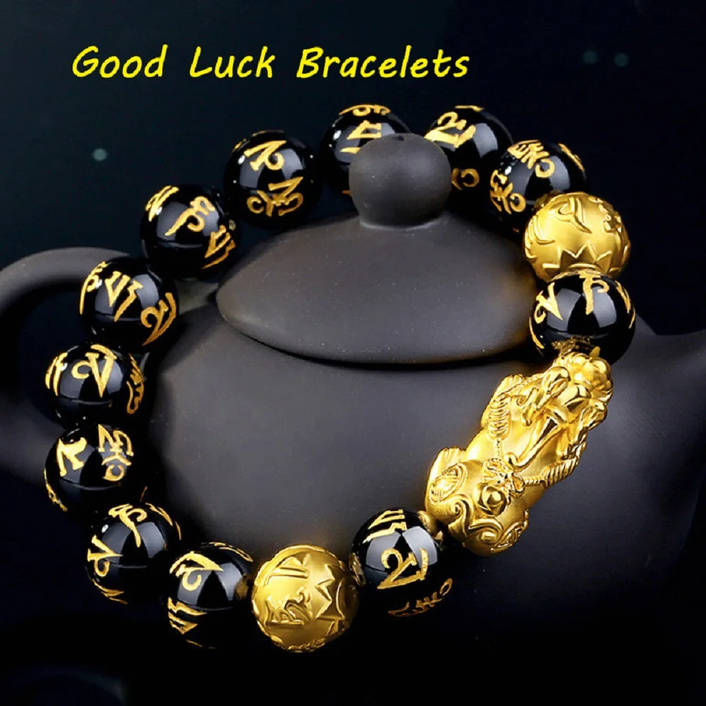 

Feng Shui Obsidian Stone Beads Bracelet Men Women Unisex Wristband Gold Black Pixiu Wealth And Good Luck Jewelry Bracelet