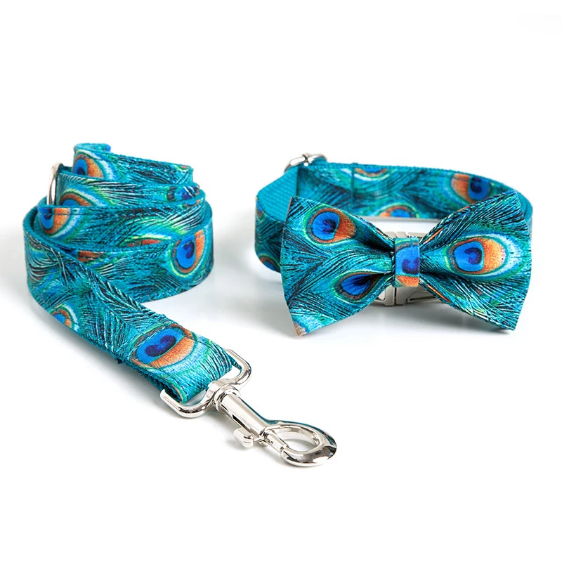 

Pet Dog Collar and Leash Set Custom Personalized Dog Collar with Bow Luxury Peacock Pattern Designer Collar for Dog Metal Buckle