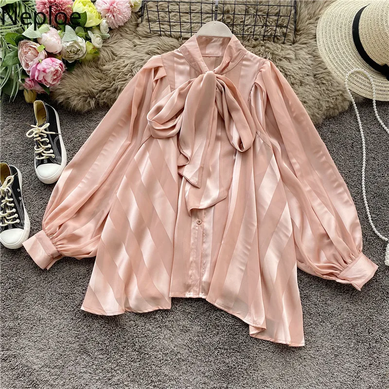 Топы Neploe с бантом блузка женские рубашки длинным рукавом фонариком Корейская