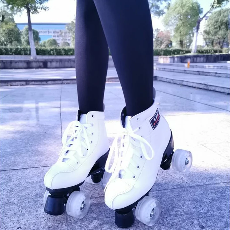 White Leather Woman Roller Skates 4-Wheel Black Flash Double Row Skating Shoes Flash Patines De 4 ruedas Outdoor Sneakers
