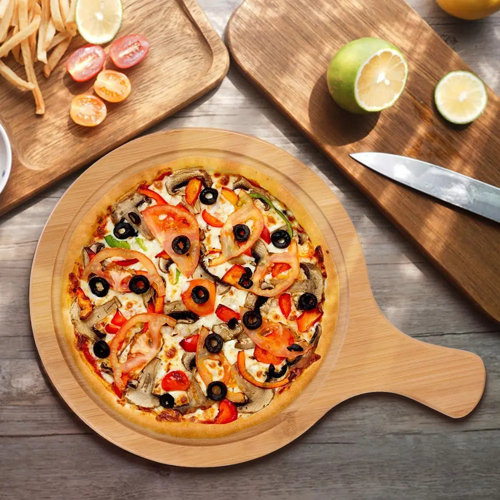 

Round Bamboo Pizza Tray With Handle Cake Plate Steak Pan Pizza Kitchen Supplies New Arrival