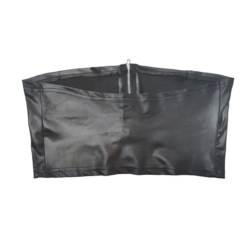 

New Women Tube Tops Faux Leather Short Front Zipper Solid Strapless Streetwear Summer Blusas Mujer Sexy Ladies PU Crop Top Black