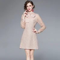 spring runway designer tweed dresses womens stand up collar mesh sequins embroidered splicing short dress vestdios