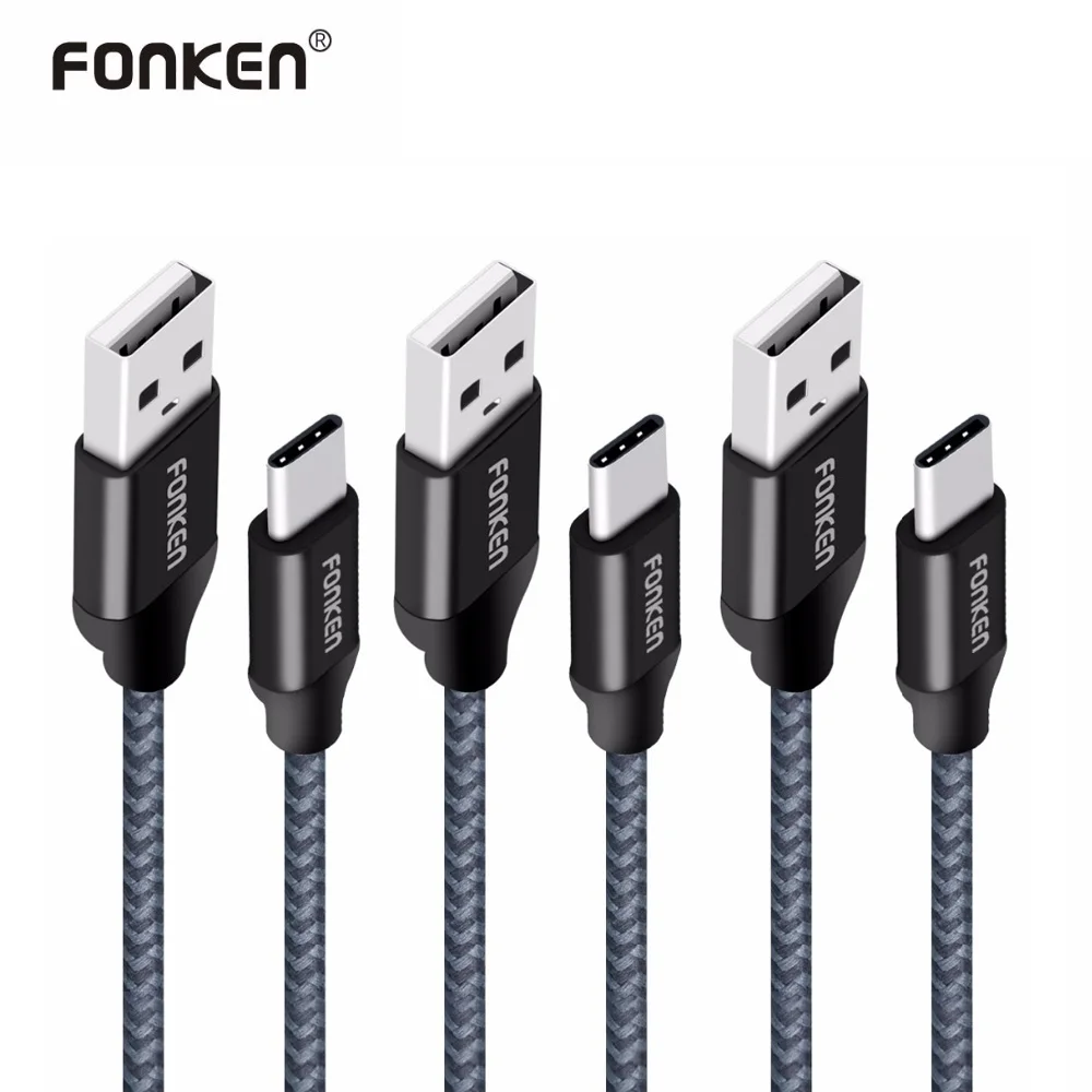 3 шт. fonken Тип USB-C кабель Quick Зарядное устройство Тип c 21AWG Max 2.4A быстрой зарядки Reversible USB c кабель для мобильного телефона