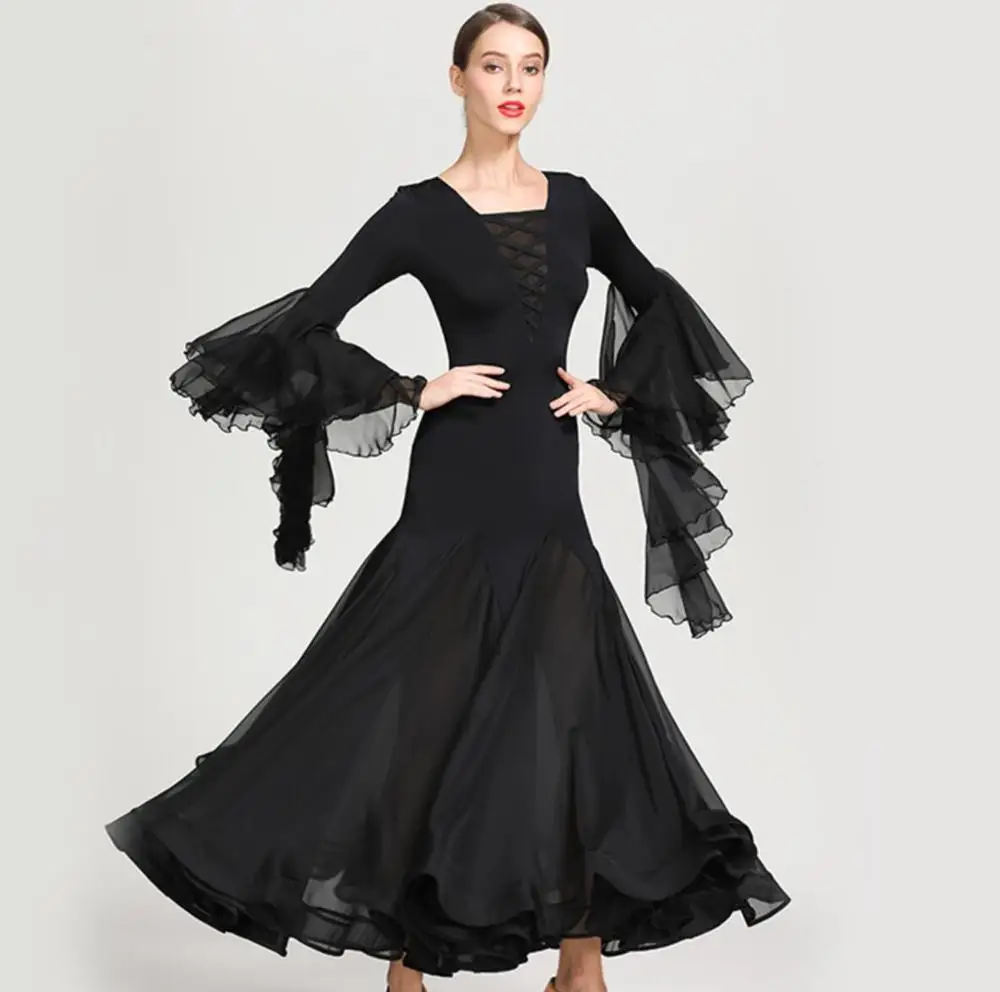 

Women Girls Black Red Dance Wear Chiffon Ballroom Latin Dress