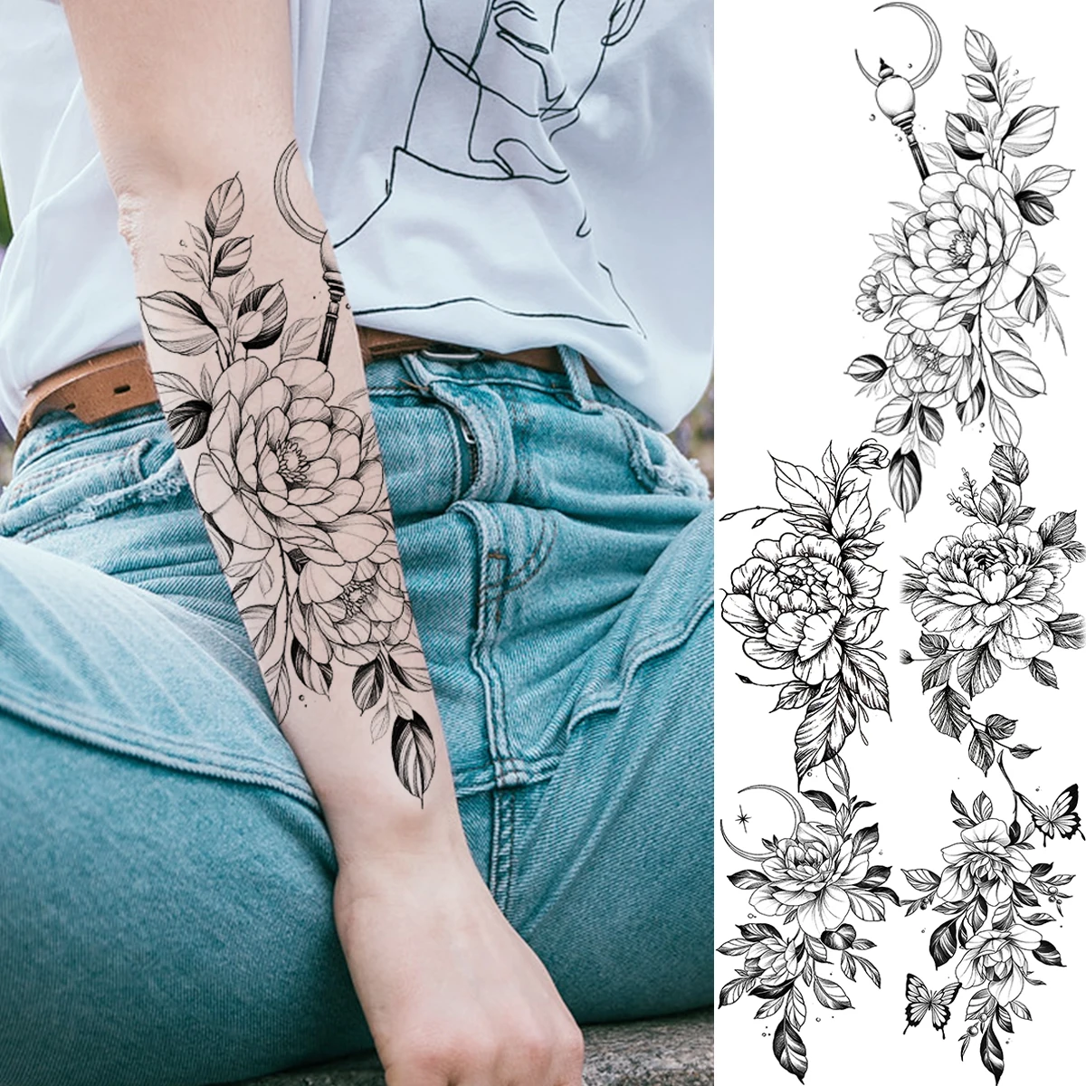 

Black Rose Flower Temporary Tattoos For Women Adult Peony Moon Butterfly Fake Tattoo Realistic Body Art Decoration Tatoos Paper