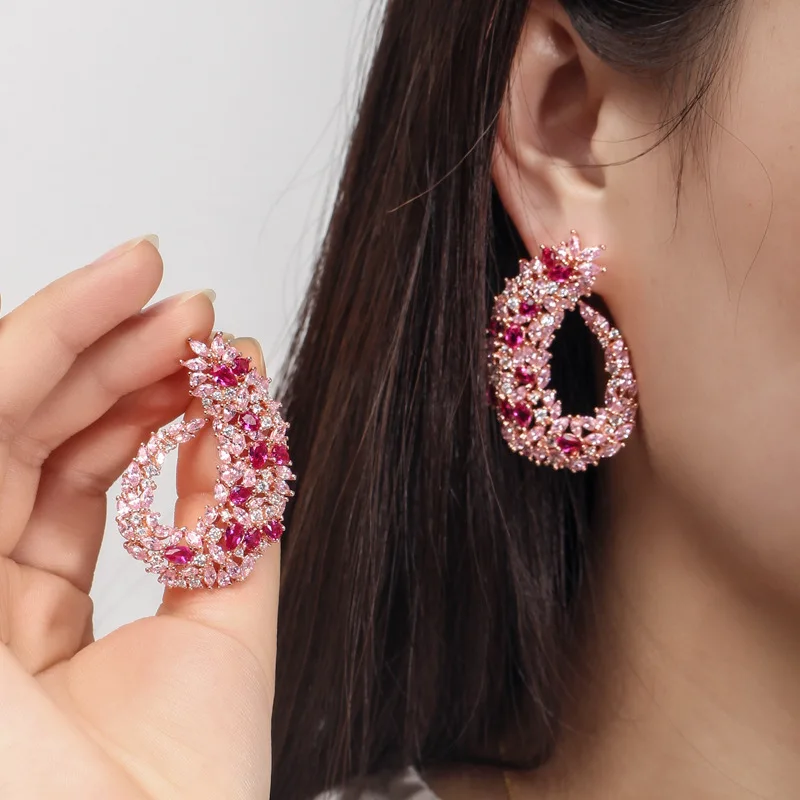 

High-End Fashion Atmosphere Full Of Diamond Cubic Zirconia Earrings Leaf Shape Simple All-Match Lady Temperament Earrings