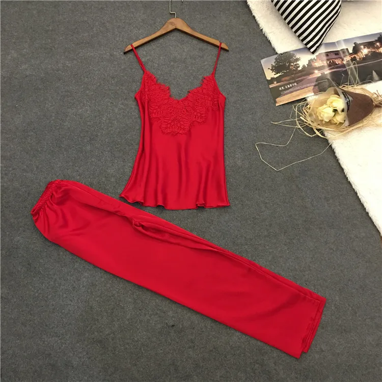 2019 Женская шелковая пижама комплект летней и осенней кружевной пижамы без