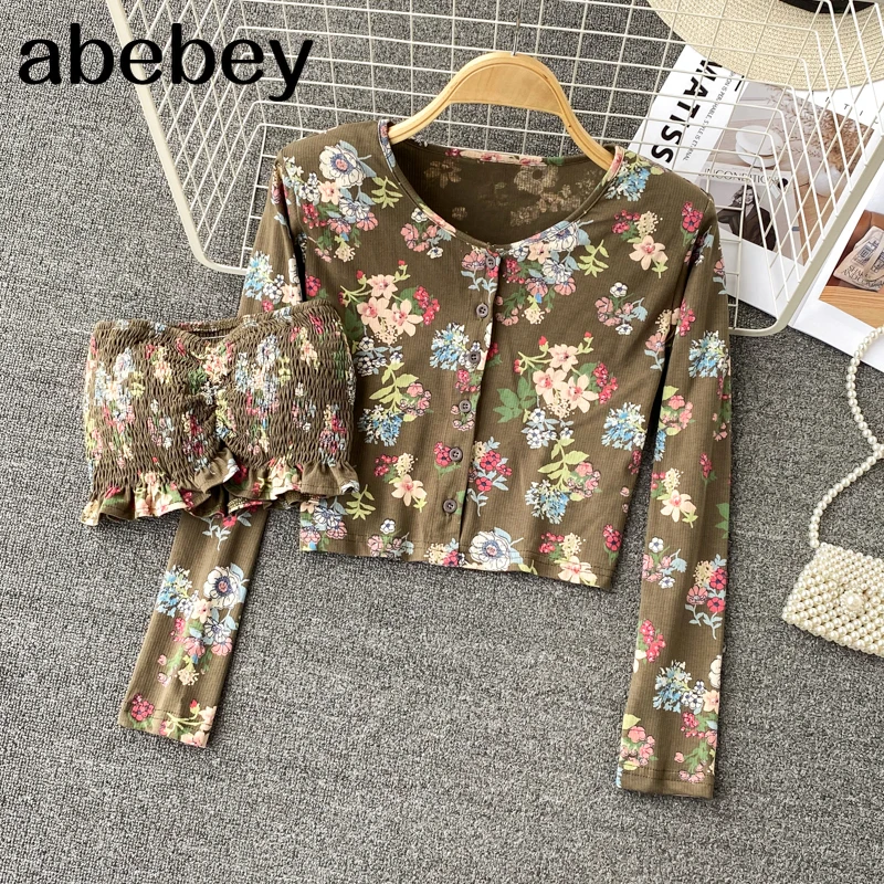 

2021 New Summer Vintage V-Neck long sleeve single breasted Print Shirt pleated waist Ruffles short Strapless Vest 2-piece set