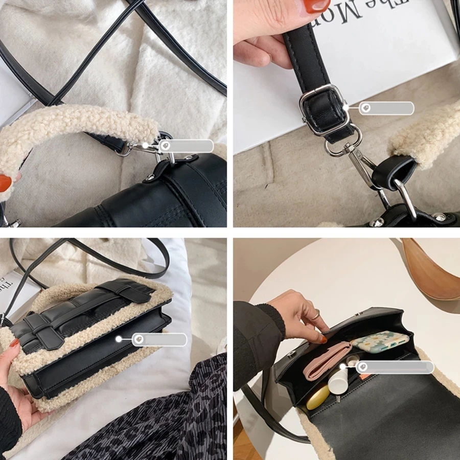 

Fashion Plush Women's Handbag Brands Lambswool Pu Leather Shoulder Messenger Bags for Women 2021 Designer Crossbody Bag Purses