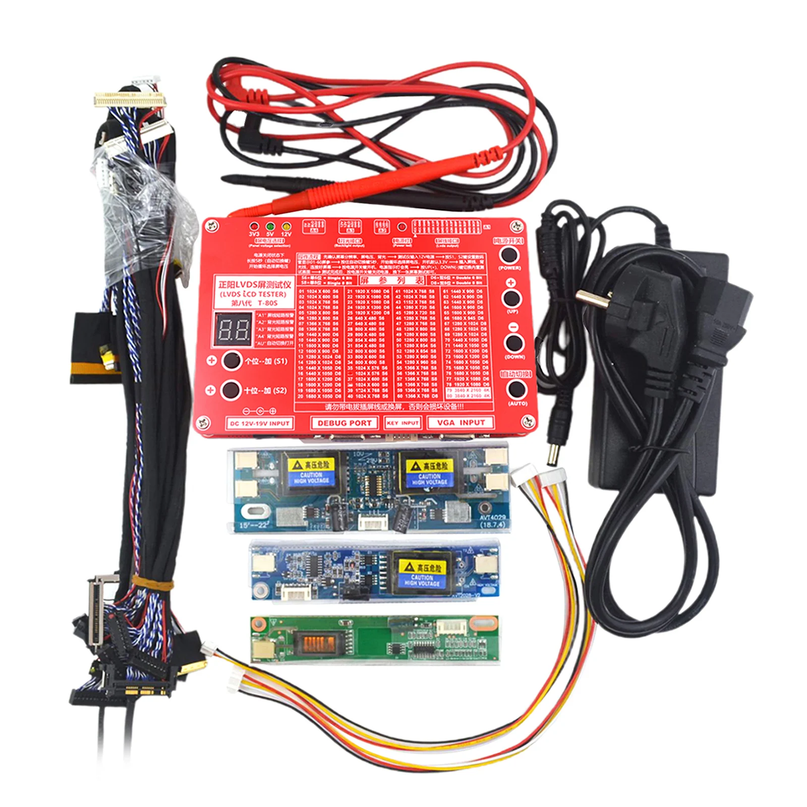 

T-80S Panel Test Tool for TV Laptop Repair + 14pcs Screen Cables with EU Power Adapter and Multimeter Probe