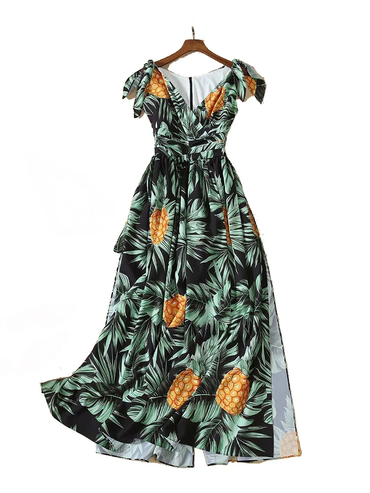 

Tight shoulder strap retro printing pineapple pattern women's summer dress women's summer irregular personality big swing dress