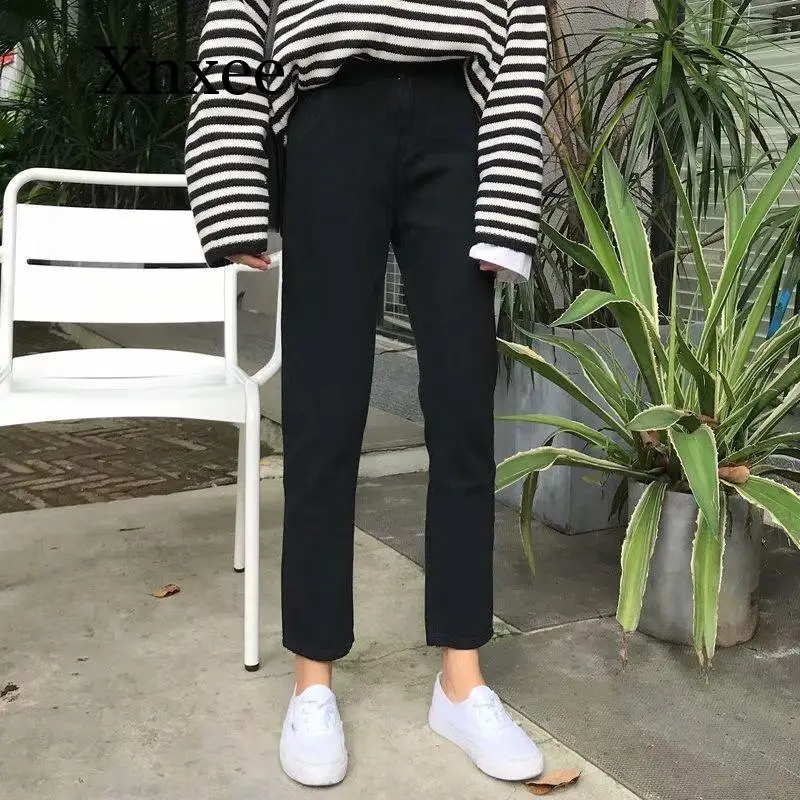 Женские черные джинсы с высокой талией однотонные универсальные уличные женские