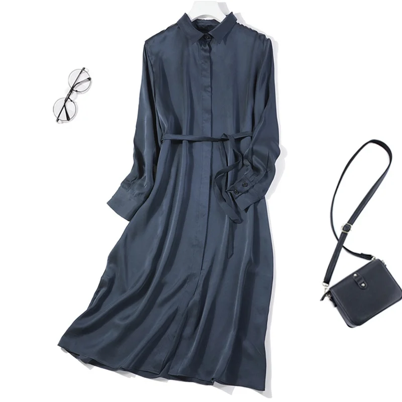 

Women's 100% Mulberry Silk 16 momme Satin Silk Long Sleeve Collared Shirt Dress Midi Dress Navy Black belted Waist JN023