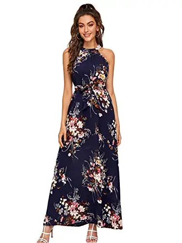 

Women's Sleeveless Halter Neck Vintage Floral Print Maxi Dress