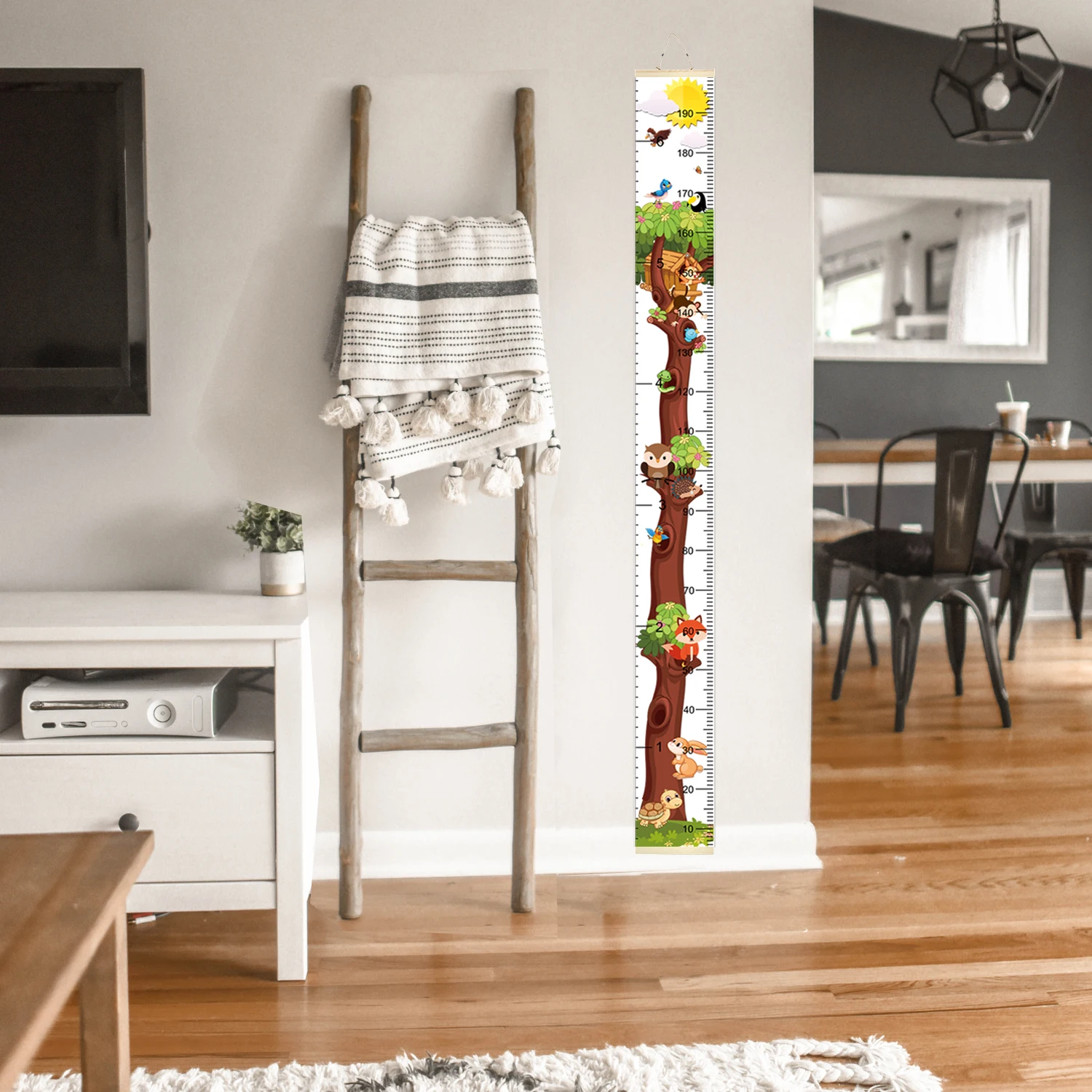 

Kids Animal Tree Growth Chart Baby Roll-up Wood Frame Canvas Fabric Removable Height Growth Chart Wall Art Hanging Ruler