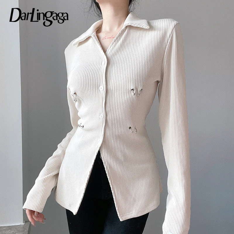 

Darlingaga Casual Turn Down Collar Long Sleeve T-shirts Women Solid Cardigan Ring Korean Fashion Basic Slim Shirt Spring Top Tee