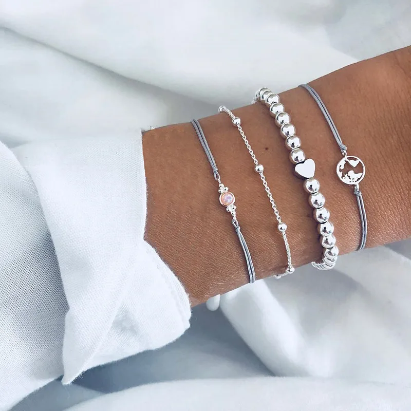 4 Pcs/Set Chians Bracelets Sets World Map Heart Beads Opal Handmade Rope Bracelet Trendy Accessories Jewelry Party Gifts | Украшения и