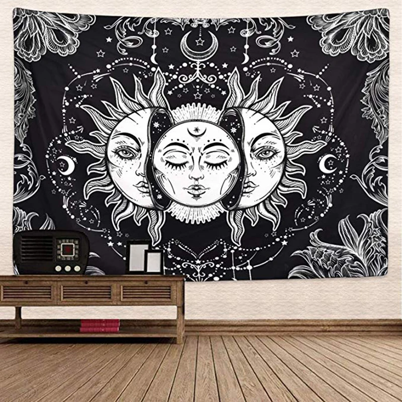 

Indian Mandala Bohemian Hippy Beach Throw Tarot Sun and Moon Psychedelic Tapestry Black Celestial Wall Hanging Wall Tapestries