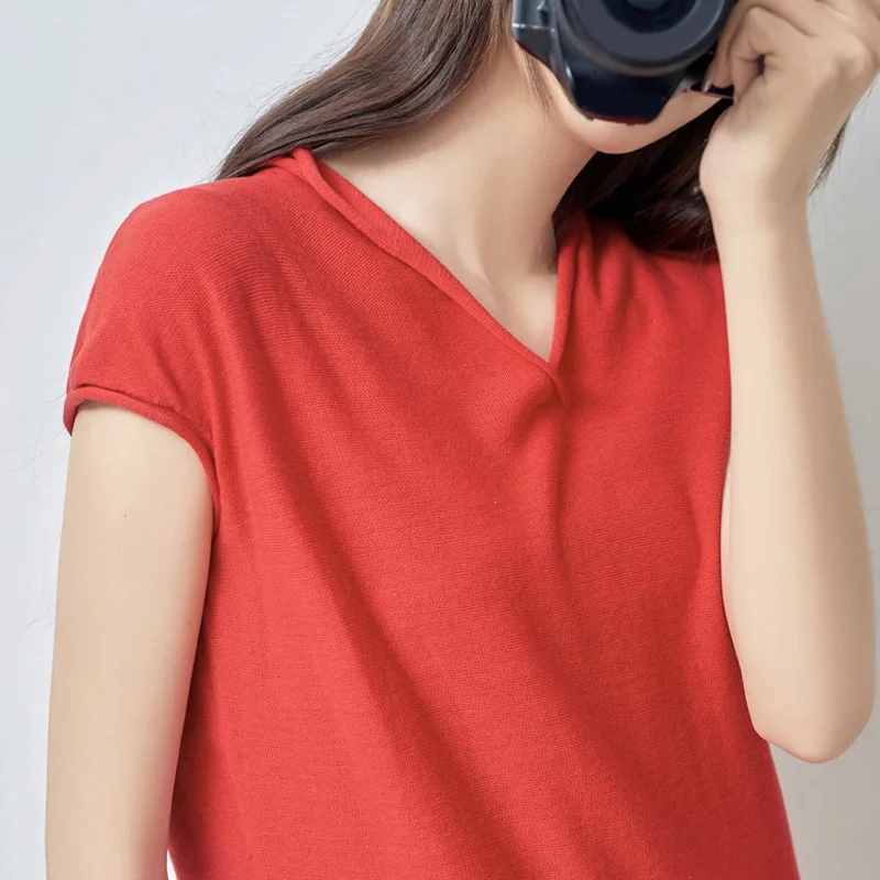 

V-Neck Solid Short Sleeve Women's T-shirts Summer Casual Loose Ladies T-shirt 2021 New Korean All Match Elegant Female Tops