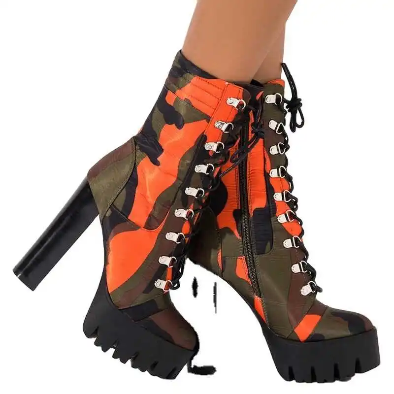 

New women's boots in autumn and winter 2020 thick high heel short boots camouflage Large boots