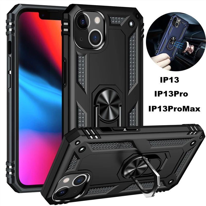 

Cover for Iphone 13 Pro Max 11 12 XR 8 7 Plus Shockproof Case Magnetic Car Ring Holder Cellphones Half-Wrapped Luxury Black Case