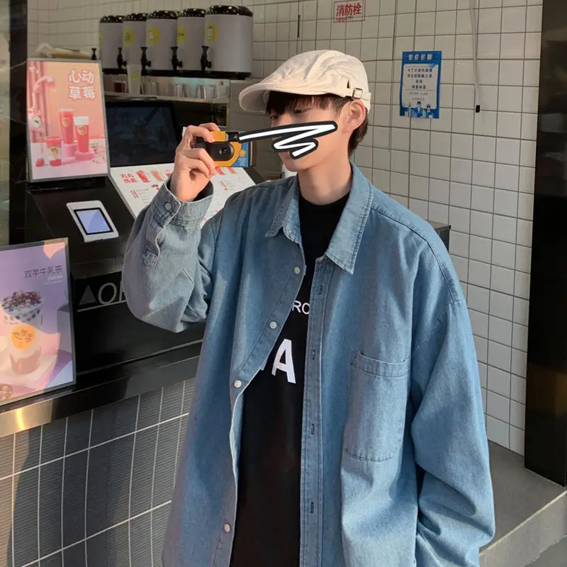 

2021 Spring And Autumn New Youth Popular Loose Solid Color Washed Denim Long-sleeved Shirt Fashion Casual Single-breasted Top