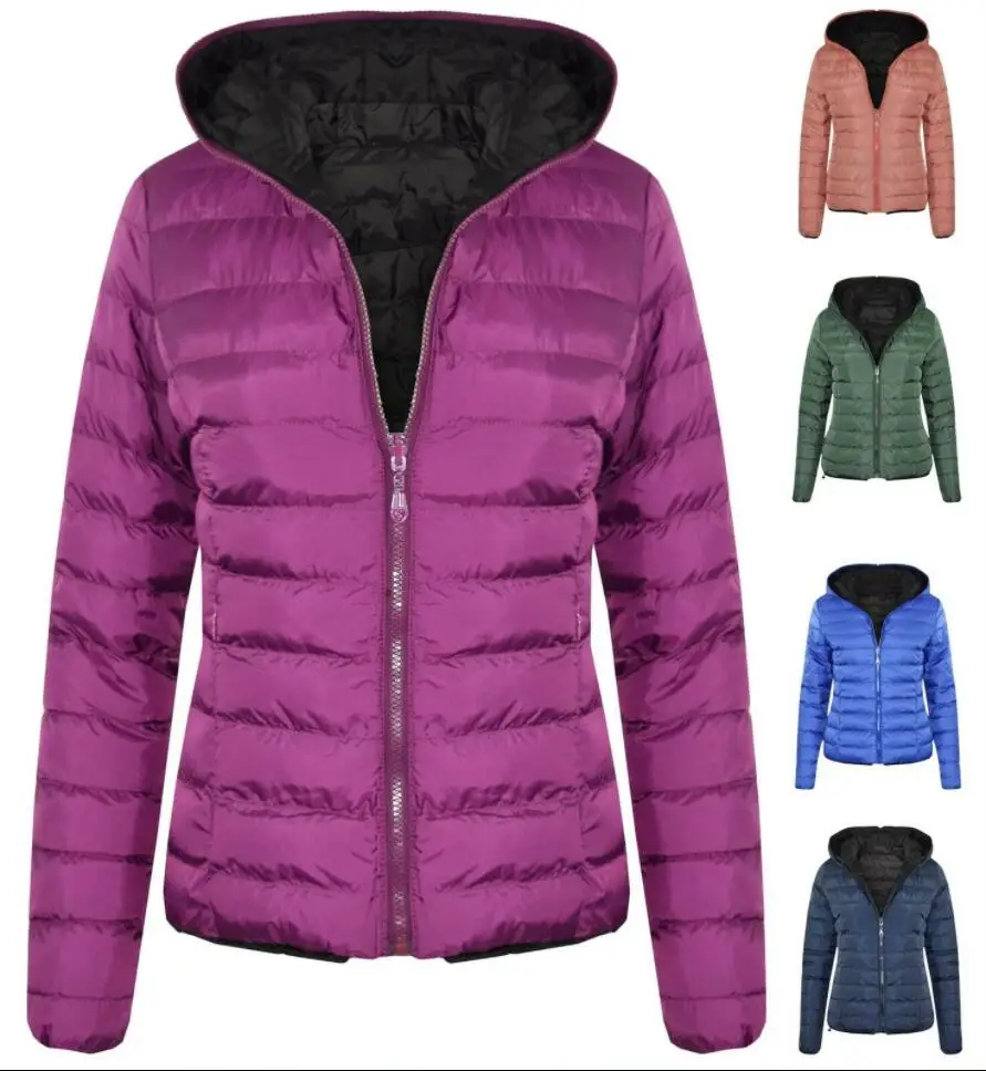 New Womens Hooded Reversible Puffa Zip Up Quilted Padded Coat Jacket