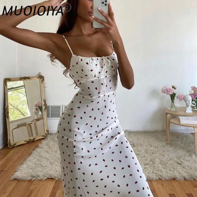 

Женское шелковое платье на бретельках, платье средней длины с клубничным принтом, на завязках, с квадратным вырезом, без рукавов, лето 2021