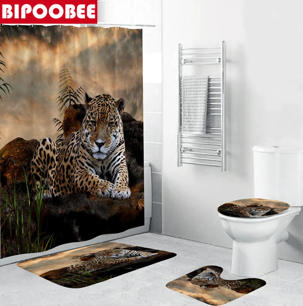 Leopard Forest animals Printed Shower Curtain Bathroom Curtains Anti-slip Toilet Lid Cover Carpet Bath Rugs Kitchen Home Decor