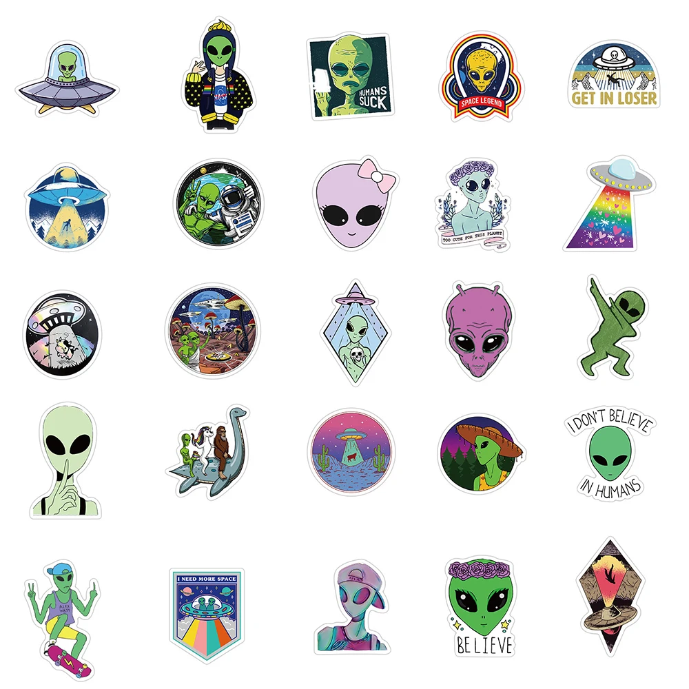 103050pcs cartoon ufo alien stickers laptop diy motorcycle luggage phone guitar skateboard waterproof joke sticker kid toy free global shipping