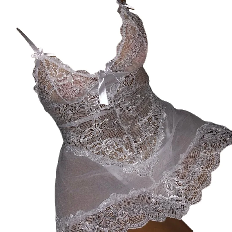 

S-5XL Plus Size Summer Sexy Fashion Dress for Women Deep V-neck Spaghetti Strap Pajamas Lace Dresses