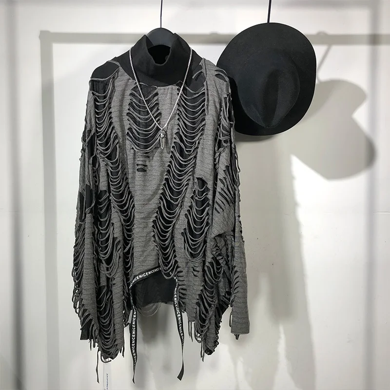 

Men's Long Sleeve T-Shirt Autumn/Winter New Product High Collar Irregular Asymmetrical Loose Hole Personality Design T-Shirt