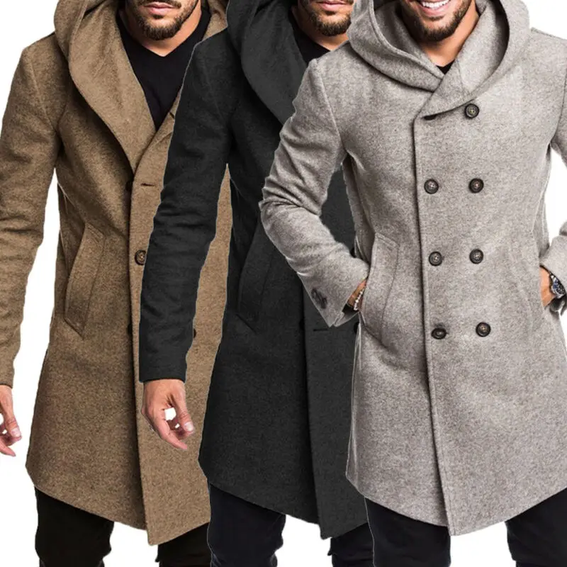 Мужское шерстяное двубортное пальто тренчкот с капюшоном модная длинная верхняя