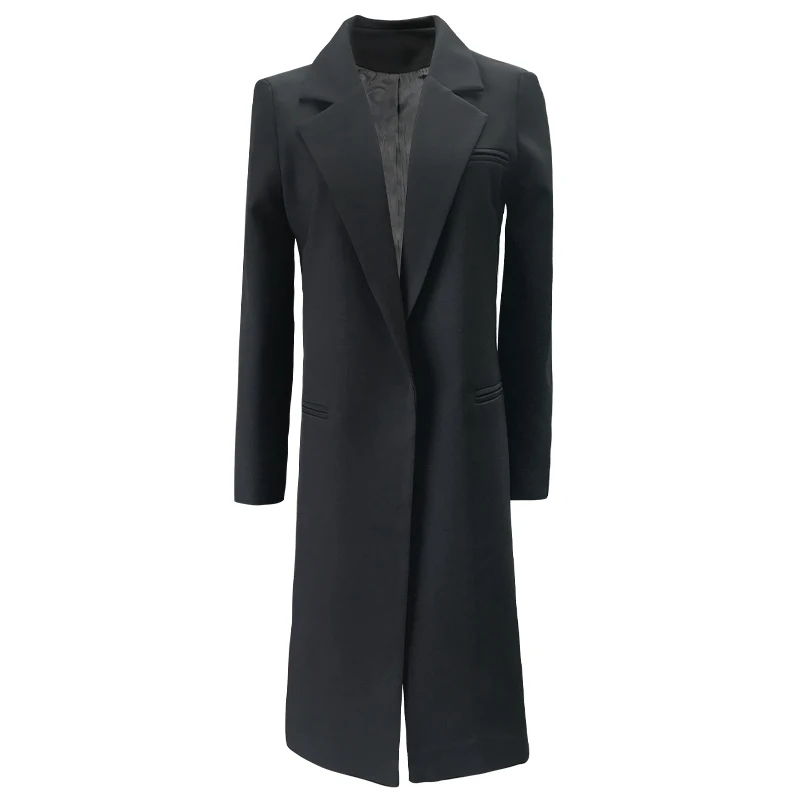 

Vintage Womens New Black Elegant Slim Long Trench Coat Office Lady Turn-Down Collar Pockets Casual Knee Length Suit Jackets