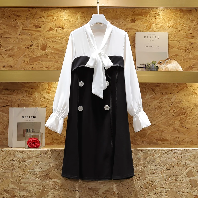 HAMALIEL New Women Black White Patchwork Oversize Loose Dress Spring Plus Size Double-breasted Bowknot Flare Sleeve Casual | Женская