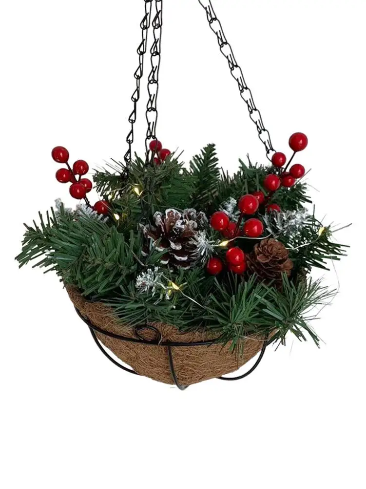 

Artificial Christmas Hangings Basket Pre-Lit Christmas Hangings Basket Decorated With Pine Cones Berry LED Lights Christmas C